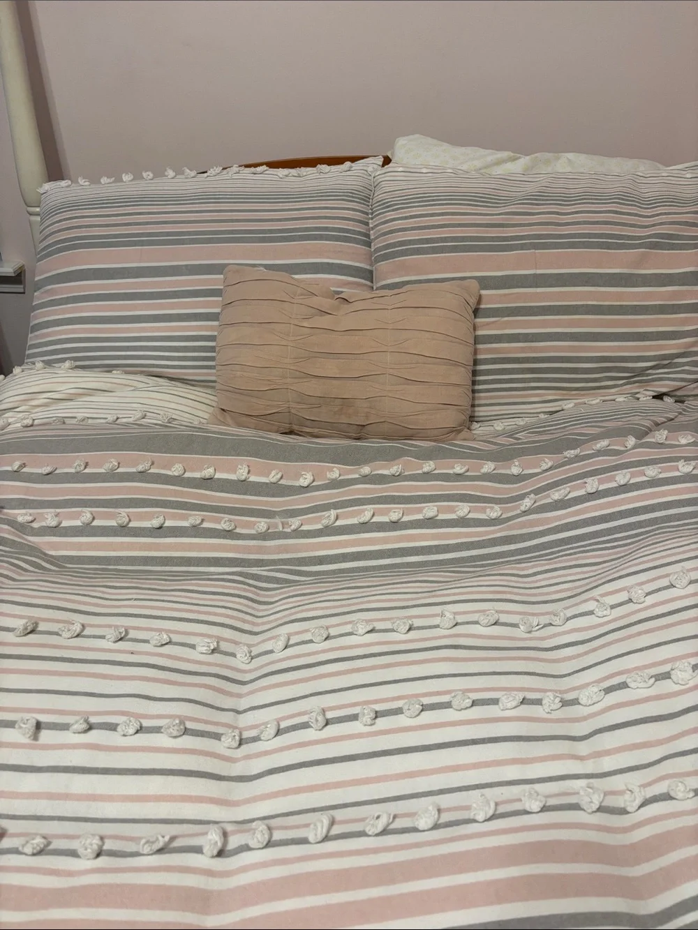 Striped Pom-Pom duvet full queen Set in Blush and Gray -duvet and shams only